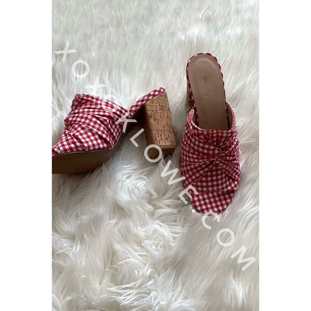 QUPID Red Gingham Knotted Mule Sandals | Checkered Block Heel Slip On Shoes - Picture 7 of 10